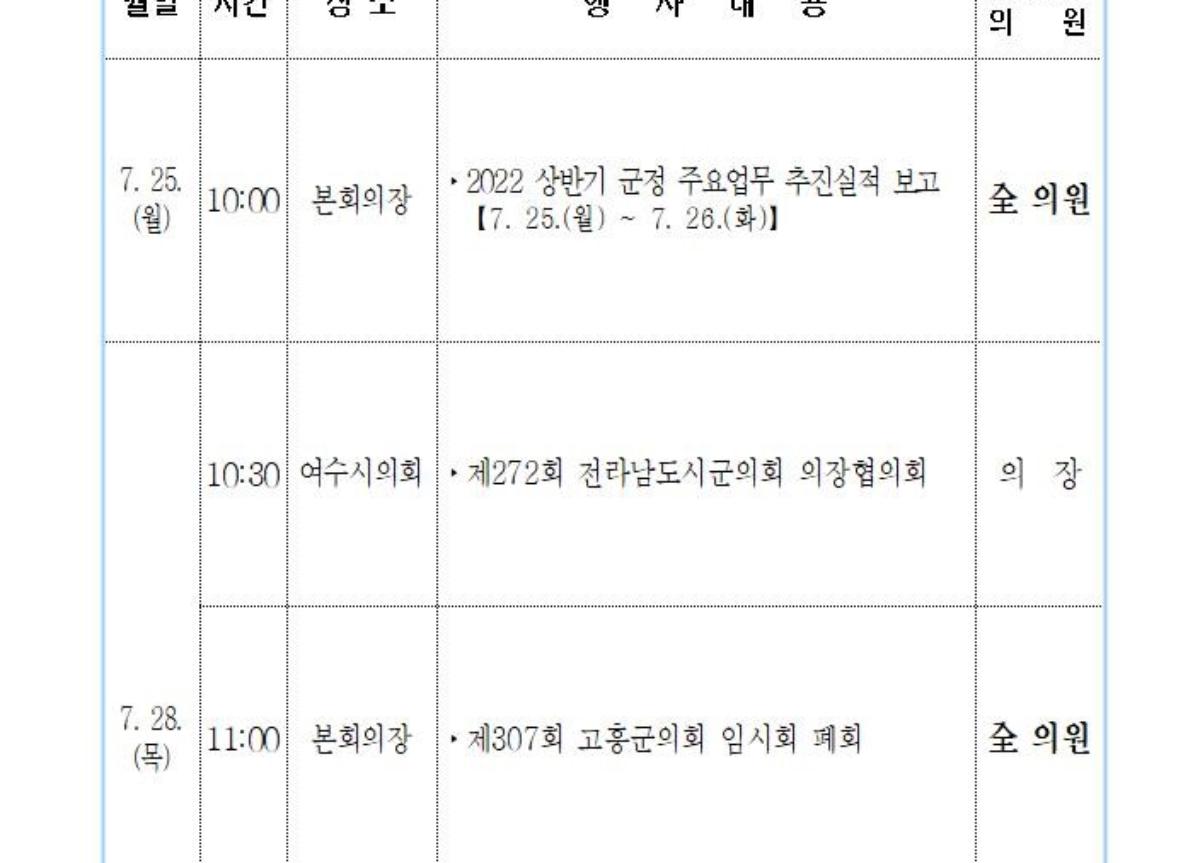  2022. 7. 25.(월) ~ 7. 31.(일) 첨부이미지 : ★의원 전체 주요 일정(배부용)001.jpg